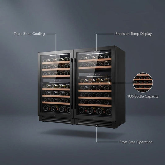 48 In. Triple Zone Cellar Cooling Unit 100-Bottles Built- in Wine Cooler Side-By-Side Refrigerator Frost Free in Black — Lifestyle