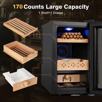 10.24 In. 25L Single Zone Electric Humidor, 170-Counts Cigar Humidor Cabinet, Beverage and Wine Cooler in Black
