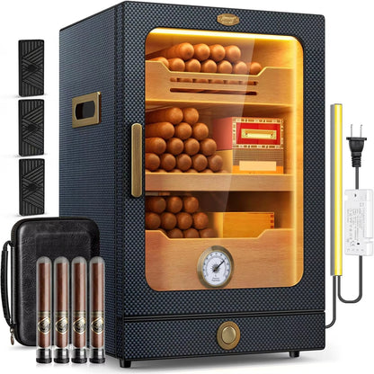 Desktop Cigar Humidor Cabinet, Light Control, Cedar Wood Shelves, Hygrometer, Humidifiers, Cigar Accessories Drawer
