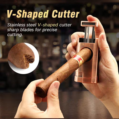 3-In-1, Brown Cigar Humidor, Portable Leather Cedar Wood Cigar Case with Cigar Lighter, V Cut Cigar Cutter, Cigar Holder