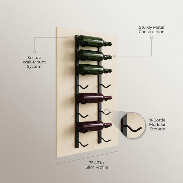 9-Bottle Black 35.43 In.W Metal Wall Mounted Wine Rack Wine Bottle Storage Organizer for Home Bar, Kitchen, Wine Cellar — Lifestyle