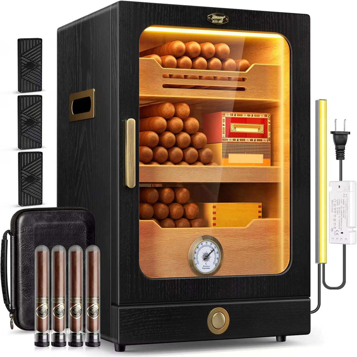 Desktop Cigar Humidor Cabinet, Light Control, Cedar Wood Shelves, Hygrometer, Humidifiers, Cigar Accessories Drawer