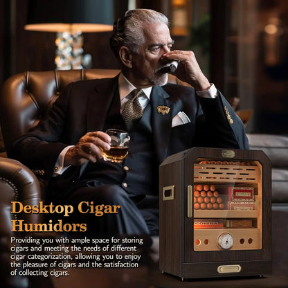 Cigar Humidor, Lighted Control Magnetic Door, with Cigar Accessory Drawer and 2 Humidifiers 3 Layer Large Capacity Storage