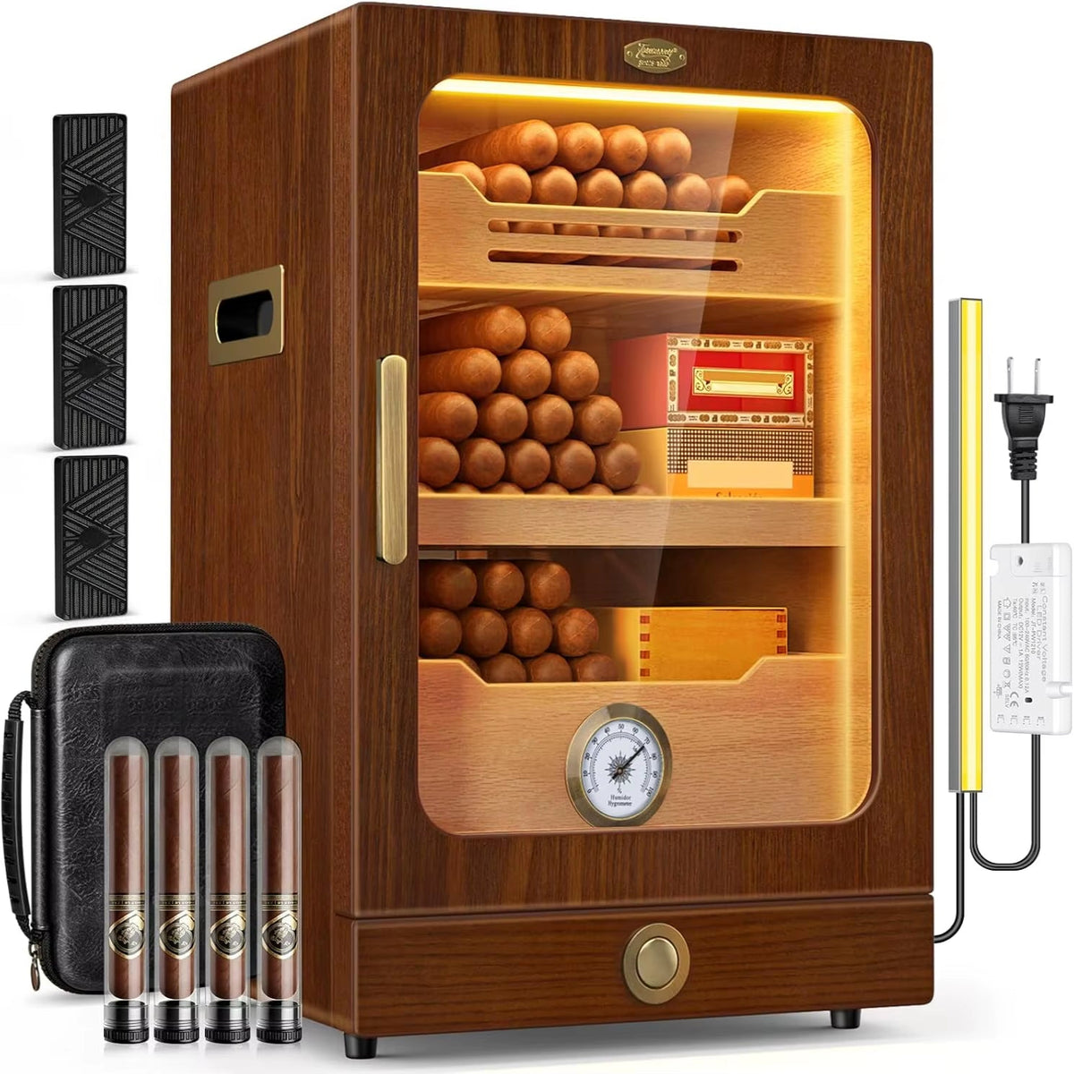 Desktop Cigar Humidor Cabinet, Light Control, Cedar Wood Shelves, Hygrometer, Humidifiers, Cigar Accessories Drawer