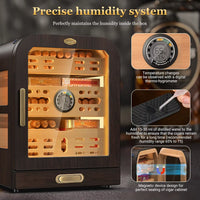 Cigar Humidor, Cedar Wood Drawer Cigar Cabinet for 80-120 Cigars, LED Lighting System, Digital Thermometer and 2 Humidifiers