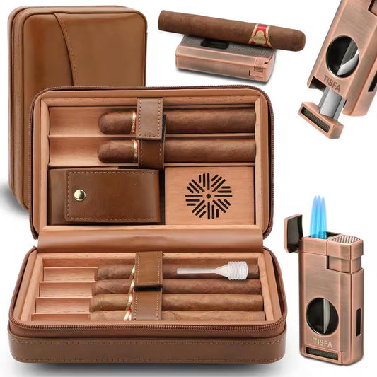 3-In-1, Brown Cigar Humidor, Portable Leather Cedar Wood Cigar Case with Cigar Lighter, V Cut Cigar Cutter, Cigar Holder