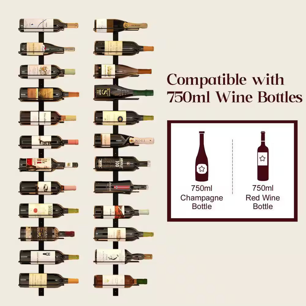 10.2 In. W Black 24-Bottle Wall-Mounted Wine Rack, Detachable Storage Organizer for Dining Room, Bar, Wine Cellar