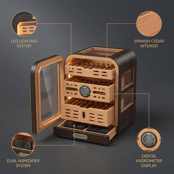 Cigar Humidor, Cedar Wood Drawer Cigar Cabinet for 80-120 Cigars, LED Lighting System, Digital Thermometer and 2 Humidifiers — Lifestyle