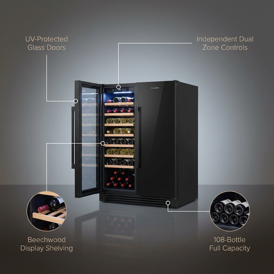 48 In. Dual Zone Cellar Cooling Unit 108-Bottles Built- in Wine Cooler Side-By-Side Refrigerator Mini Fridge in Black — Lifestyle