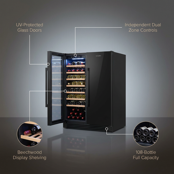 48 In. Dual Zone Cellar Cooling Unit 108-Bottles Built- in Wine Cooler Side-By-Side Refrigerator Mini Fridge in Black — Lifestyle