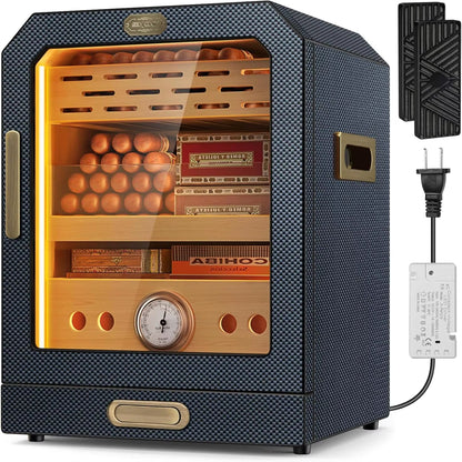 Cigar Humidor, Lighted Control Magnetic Door, with Cigar Accessory Drawer and 2 Humidifiers 3 Layer Large Capacity Storage