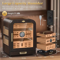 Cigar Humidor, Cedar Wood Drawer Cigar Cabinet for 80-120 Cigars, LED Lighting System, Digital Thermometer and 2 Humidifiers