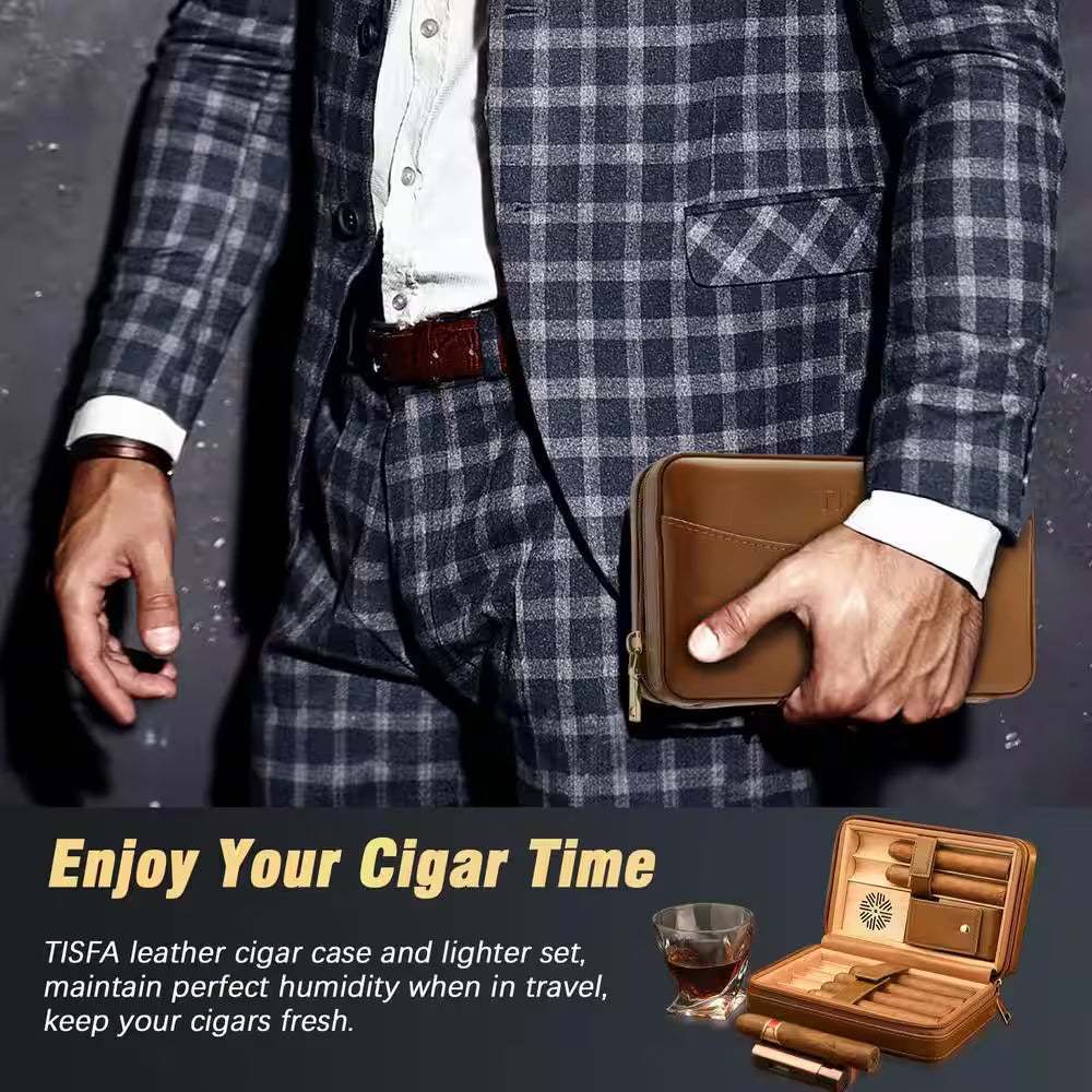 3-In-1, Brown Cigar Humidor, Portable Leather Cedar Wood Cigar Case with Cigar Lighter, V Cut Cigar Cutter, Cigar Holder