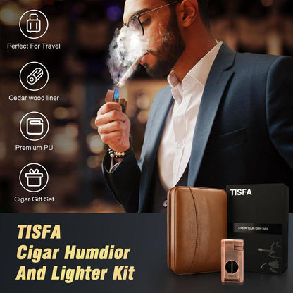 3-In-1, Brown Cigar Humidor, Portable Leather Cedar Wood Cigar Case with Cigar Lighter, V Cut Cigar Cutter, Cigar Holder