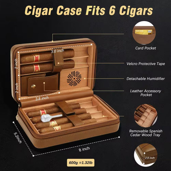 3-In-1, Brown Cigar Humidor, Portable Leather Cedar Wood Cigar Case with Cigar Lighter, V Cut Cigar Cutter, Cigar Holder