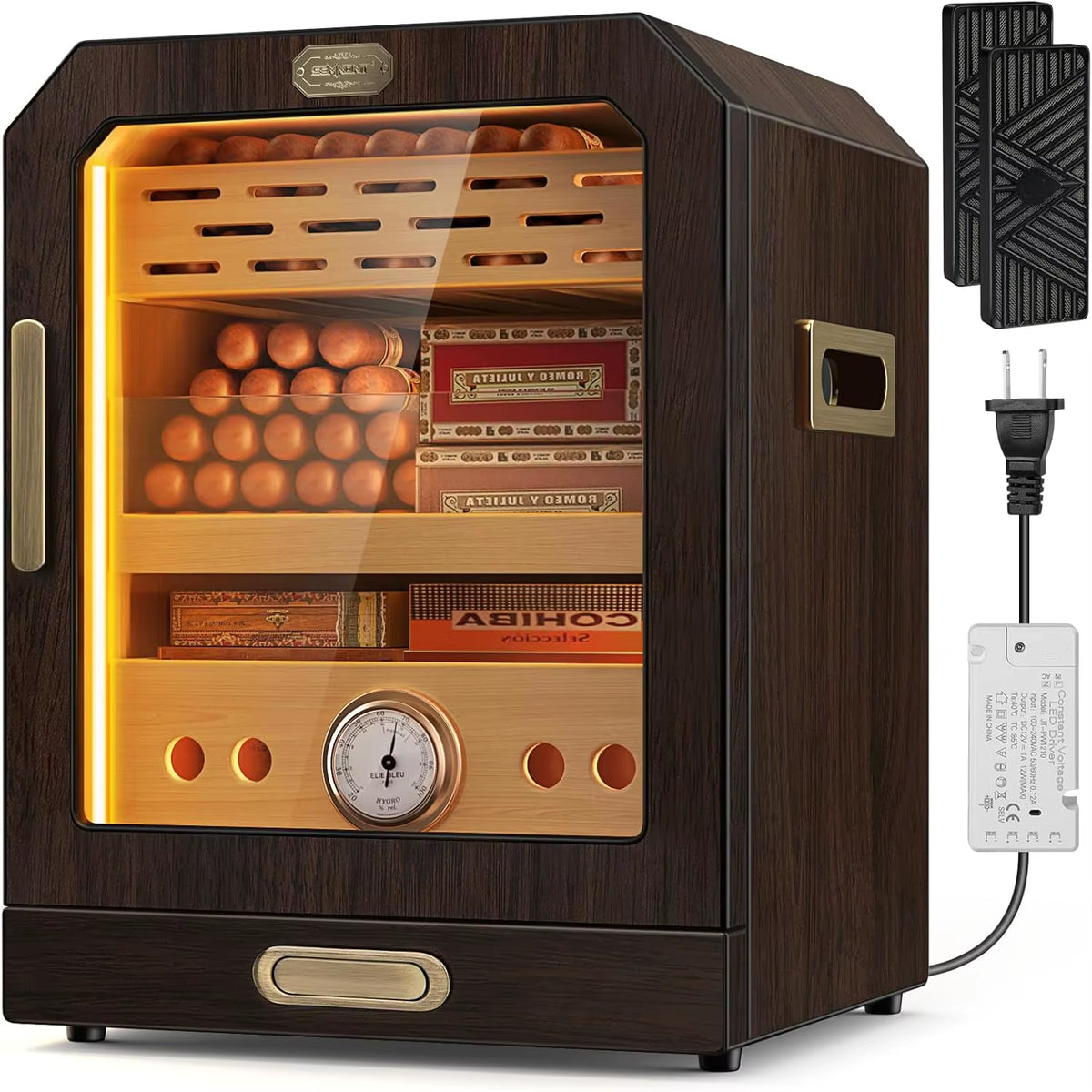 Cigar Humidor, Lighted Control Magnetic Door, with Cigar Accessory Drawer and 2 Humidifiers 3 Layer Large Capacity Storage