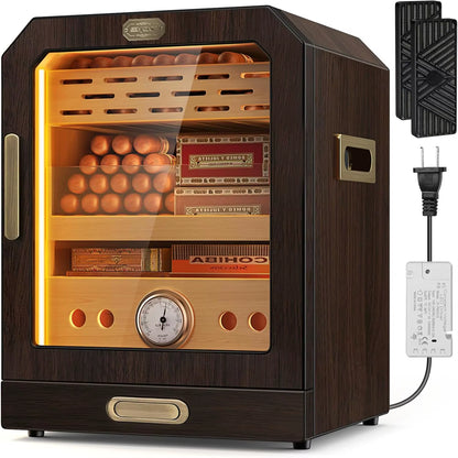 Cigar Humidor, Lighted Control Magnetic Door, with Cigar Accessory Drawer and 2 Humidifiers 3 Layer Large Capacity Storage