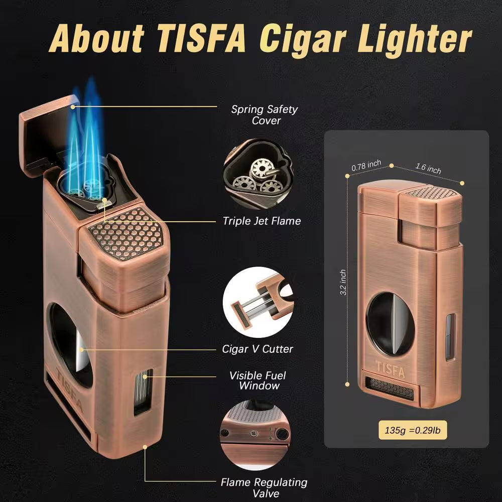 3-In-1, Brown Cigar Humidor, Portable Leather Cedar Wood Cigar Case with Cigar Lighter, V Cut Cigar Cutter, Cigar Holder