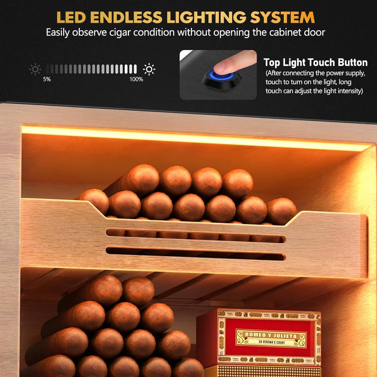 Desktop Cigar Humidor Cabinet, Light Control, Cedar Wood Shelves, Hygrometer, Humidifiers, Cigar Accessories Drawer
