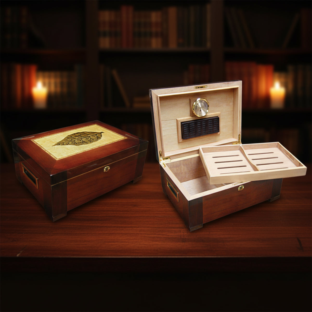 Glossy Dark Burl Wood Finish Tobacco Leaf Inlay Cigar Humidor