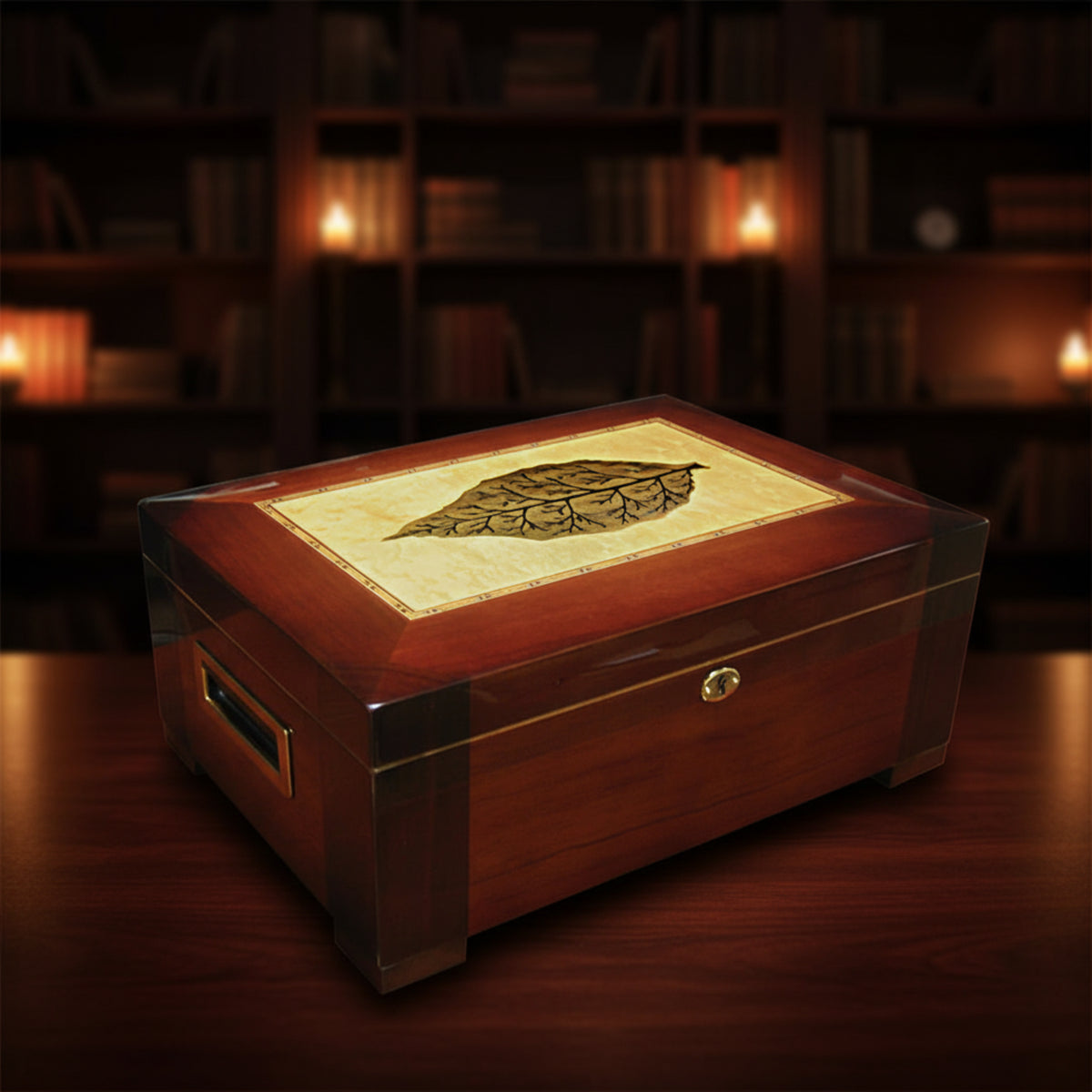 Glossy Dark Burl Wood Finish Tobacco Leaf Inlay Cigar Humidor