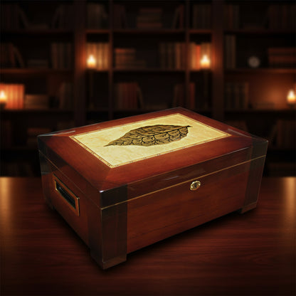 Glossy Dark Burl Wood Finish Tobacco Leaf Inlay Cigar Humidor