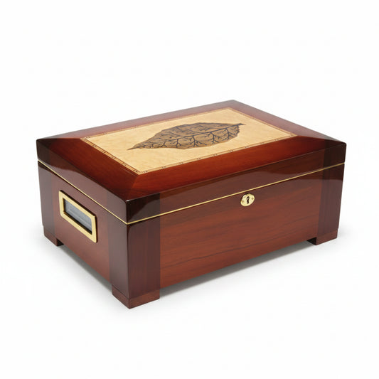 Glossy Dark Burl Wood Finish Tobacco Leaf Inlay Cigar Humidor
