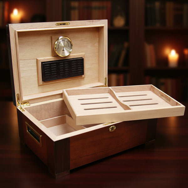 Glossy Dark Burl Wood Finish Tobacco Leaf Inlay Cigar Humidor