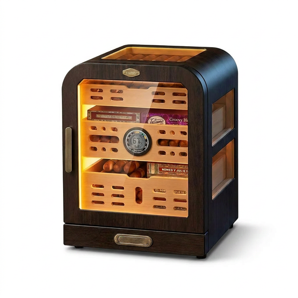 Cigar Humidor, Cedar Wood Drawer Cigar Cabinet for 80-120 Cigars, LED Lighting System, Digital Thermometer and 2 Humidifiers