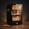 Desktop Cigar Humidor Cabinet, Light Control, Cedar Wood Shelves, Hygrometer, Humidifiers, Cigar Accessories Drawer