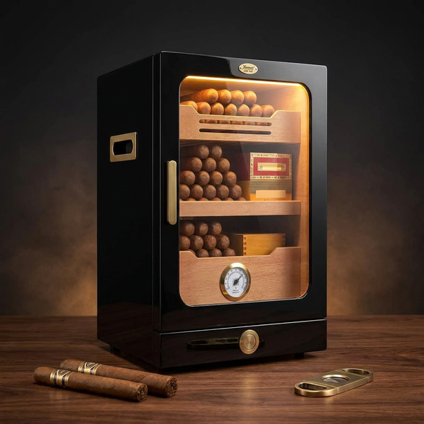 Desktop Cigar Humidor Cabinet, Light Control, Cedar Wood Shelves, Hygrometer, Humidifiers, Cigar Accessories Drawer — Studio Shot